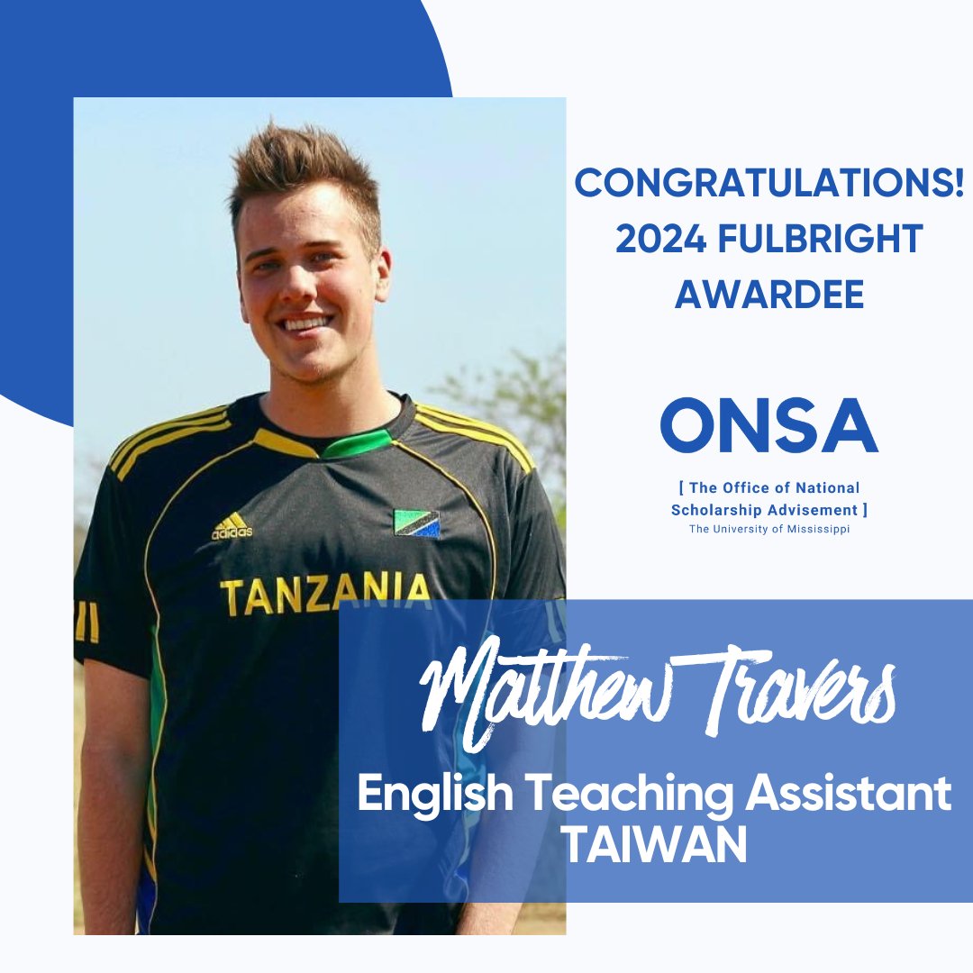 MORE HAPPY FULBRIGHT NEWS!!! Matthew Travers, a 2021 UM graduate with a degrees in International Studies and Chinese, has received a grant from the Fulbright to be an English Teaching Assistant in Taiwan for the 2024-2025 academic year!