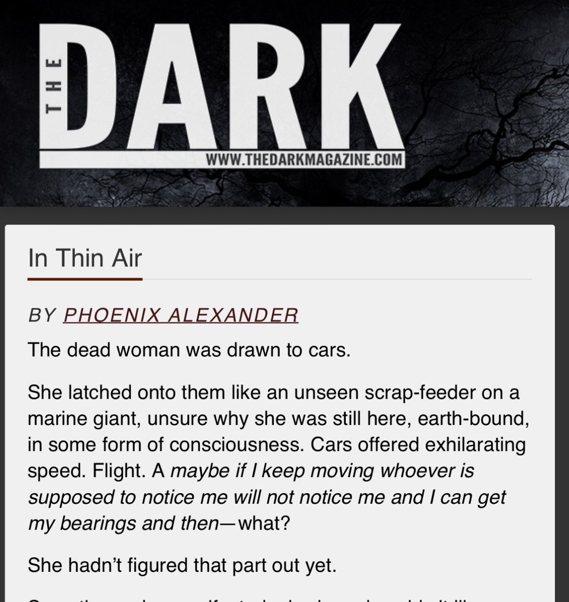 “The living always thought that specters were cold; the dead did not know that they were not.” I’m so excited to be back in @thedarkmagazine with a new short story, ‘In Thin Air,’ inspired by a ghostly passenger in my car 🥺 thedarkmagazine.com/in-thin-air/