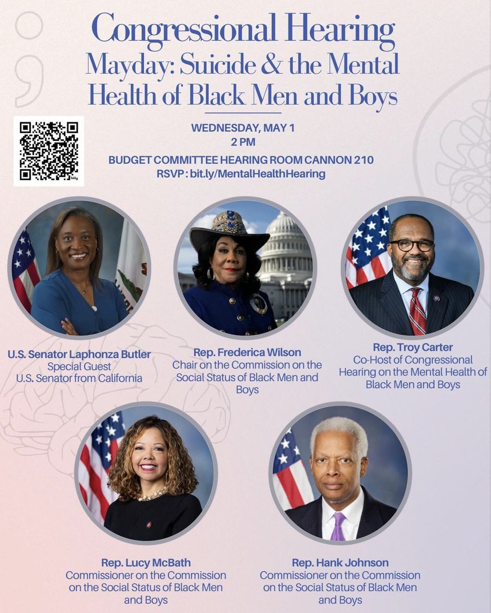 Suicide is on the rise for Black men and boys and it is time to act for the well-being of our communities. Today I will be co-hosting a Congressional Hearing on the Mental Health of Black Men and Boys to address this #MentalHealthCrisis. @RepWilson