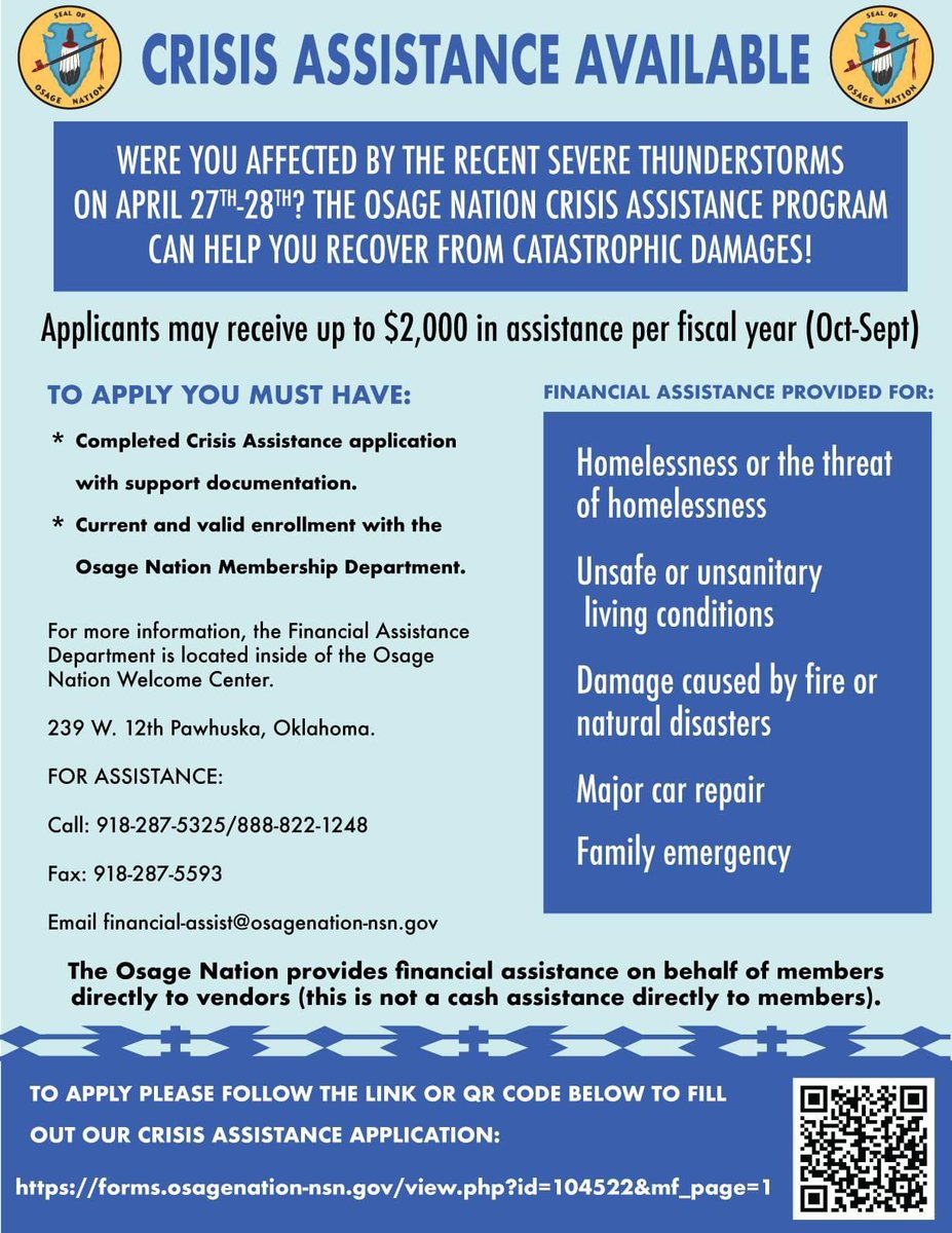 Were you affected by the recent severe thunderstorms on April 27-28? The Osage Nation Crisis Assistance Program can help you recover from catastrophic damages. See flyer for details on how you may qualify for $2,000 in assistance. ON Financial Assistance: osagenation-nsn.gov/services/finan…