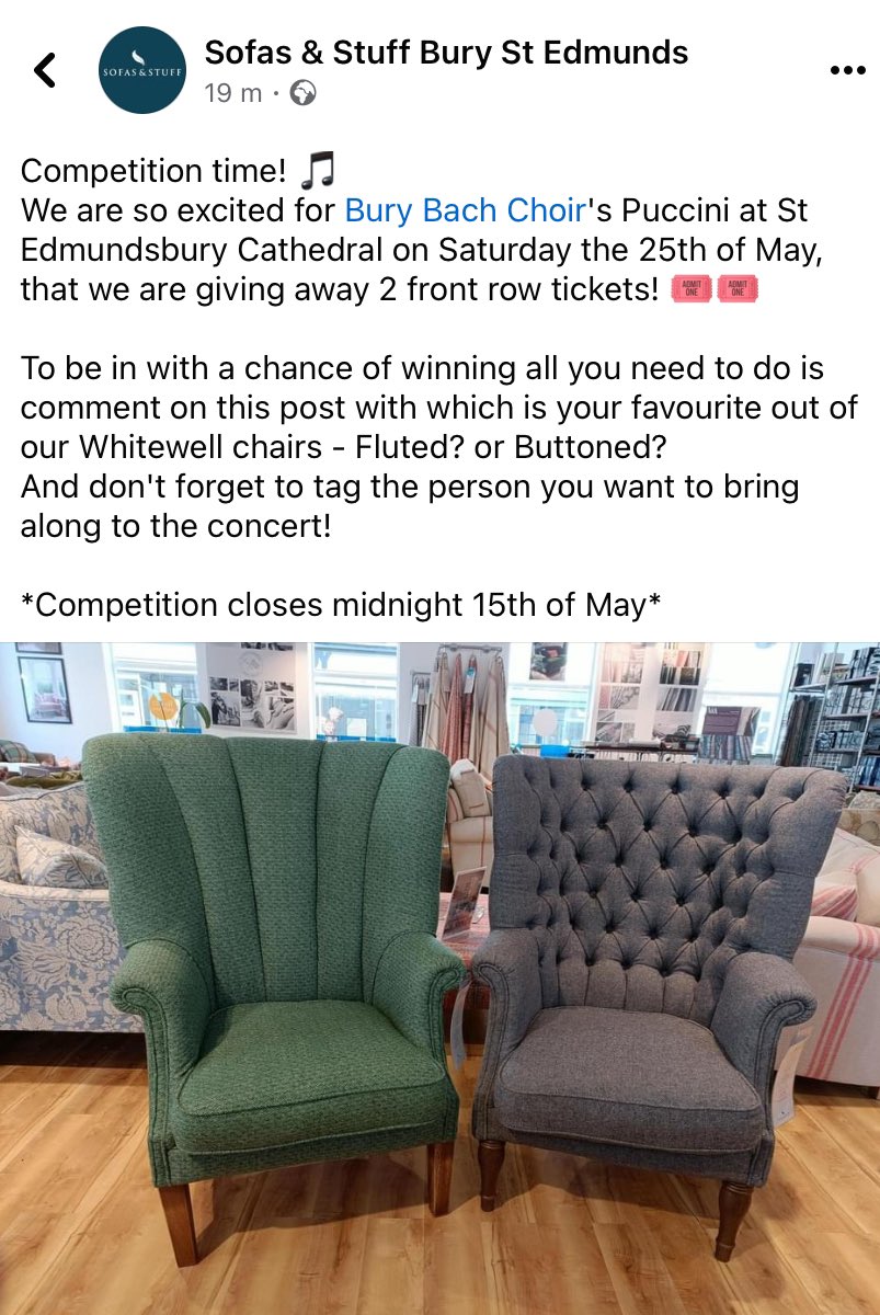 Competition time! Head on over to our Facebook page, where you’ll find a link for a competition to win two front row tickets from our concert sponsors @sofasandstuff 🎟️🎶🎉🎟️🎶 #competition #win #concerttickets #burybachchoir #burystedmunds #choir #concertsponsor #music