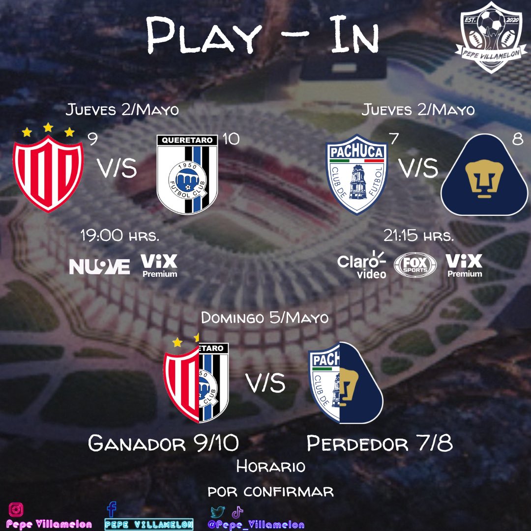 Raza acá están los horarios pata el #PlayIn de la majestuosa #LigaMX ¿Quienes avanzan?

#LigaBBVAMX #FutbolMexicano #ContiGoNecaxa #SiempreGallos #PachucaSomosTodos #DePumasSoy #PepeVillamelon