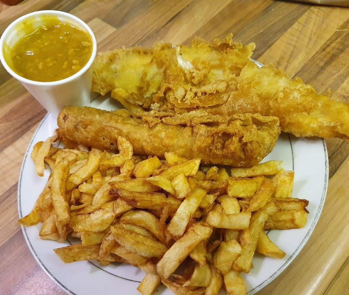 Fish, Battered Sausage, Chips and Curry Sauce