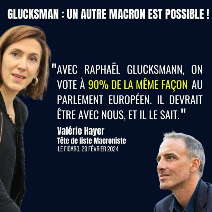 La Macronie présente deux listes aux élections Européennes : 
Valérie #Hayer et Raphaël #Glucksmann.
C'est bonnet blanc et blanc bonnet, globalisme, Européisme forcené, agents de l'oligarchie financière, pour nous envoyer dans la boue sanglante du Donbass.