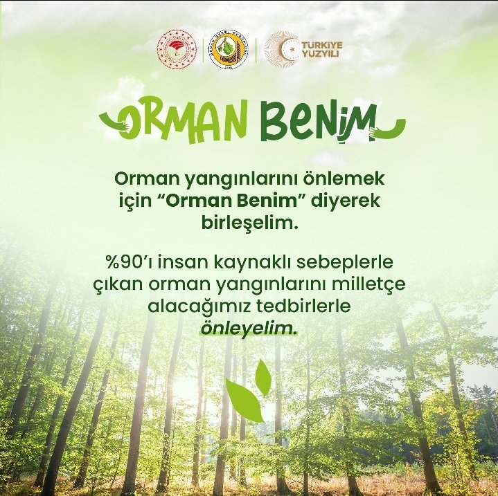 Haydi Türkiye! Birlikte tedbir alıyor, orman yangınlarını beraber önlüyoruz.

Herkesi, 3 Mayıs Cuma günü ülkemiz genelinde düzenlenecek #OrmanBenim etkinliklerine davet ediyoruz.

Hep birlikte orman yangınlarına neden olacak atıkları topluyor, orman yangınlarını önlemek için bir