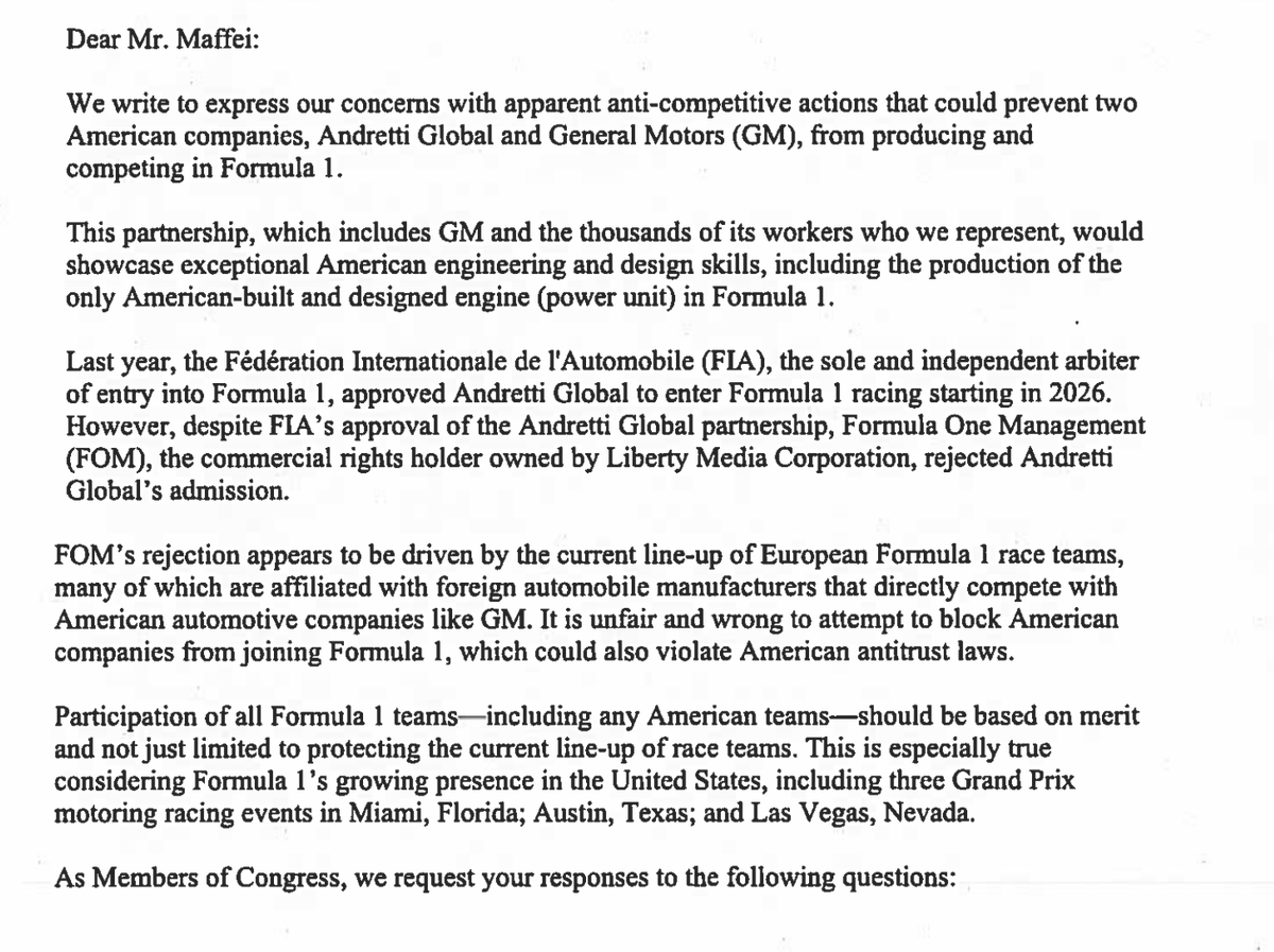 wearetherace's tweet photo. ❗️ 12 members of the United States Congress have written to Liberty Media chief Greg Maffei to express their concerns over F1 shunning Andretti and General Motors' bid to join the F1 grid by 2026. 

They've listed three questions they want answered by May 3 ⤵️ https://t.co/EKglzTao2a