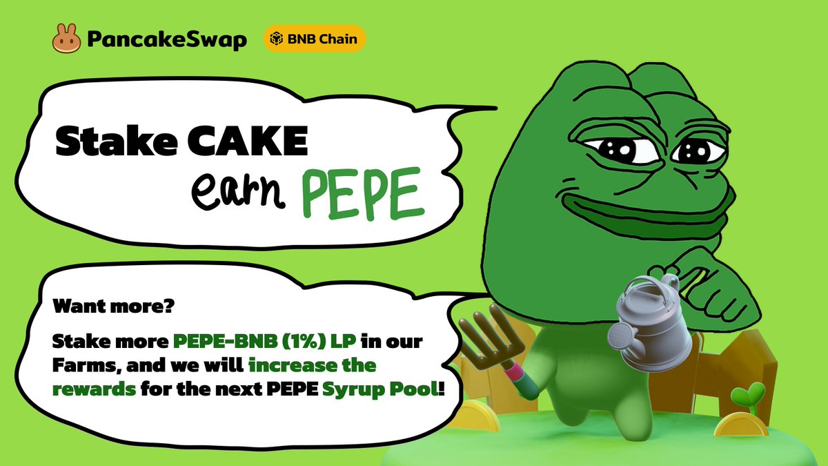 New month, new excitement with our BOOSTED @pepecoineth Syrup Pool! 🥞 Stake CAKE to Earn $PEPE: pancakeswap.finance/pools?chain=bsc ✨ If more $PEPE-BNB (1%) LP is deposited in our Farms, we'll have a bigger $PEPE Syrup Pool next month!