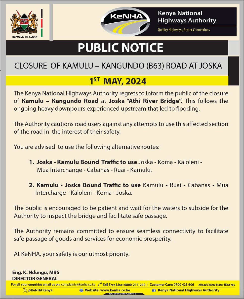 KENHA closes Kamulu-Kangundo Road at Joska, Athi River Bridge, due to floods.