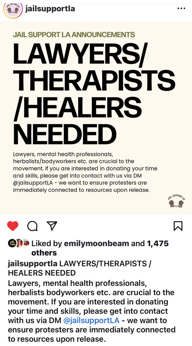 @bad_pastor_ I literally just DM’d @JailSupportLA they put out a call for healers/therapists/lawyers/herbalists etc to help people as they are released