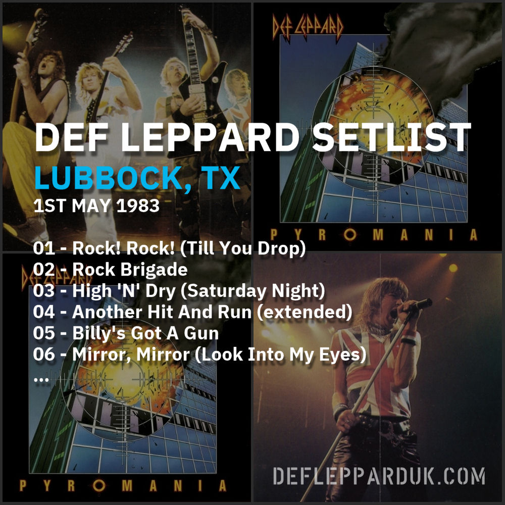 #DefLeppard #Setlist for a show in
#Lubbock TX USA 🇺🇸 41 Years Ago on this day in 1983

01 - Rock! Rock! (Till You Drop)
02 - Rock Brigade
03 - High 'N' Dry...

#Pyromania #steveclark #pyromaniatour #joeelliott #ricksavage #rickallen #philcollen
deflepparduk.com/1983lubbock.ht…