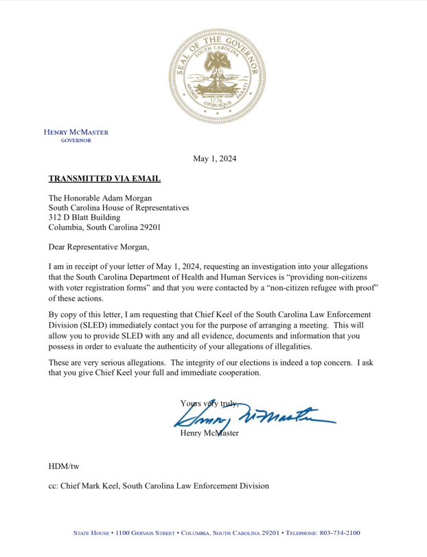 henrymcmaster's tweet photo. The integrity of our elections is and must remain a top priority. Today, I asked SLED to immediately contact Rep. Adam Morgan so they can evaluate the authenticity of his allegations of non-citizens being provided voter registration forms.

Read my letter here: https://t.co/PPVWHBSYCE