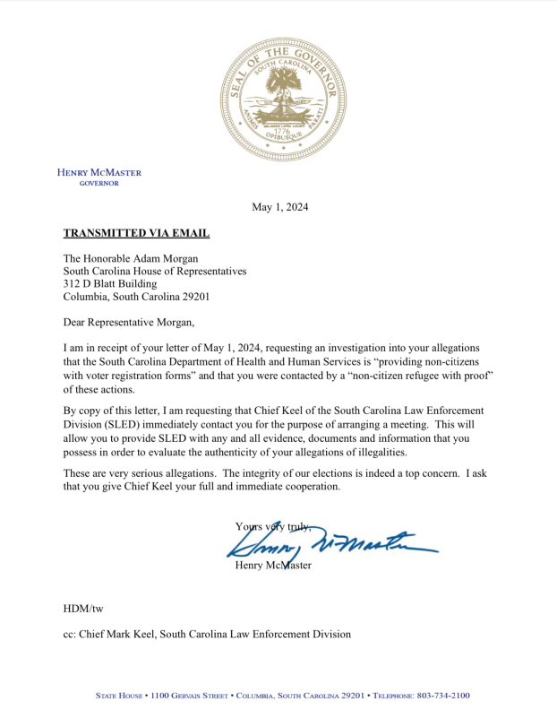 The integrity of our elections is and must remain a top priority. Today, I asked SLED to immediately contact Rep. Adam Morgan so they can evaluate the authenticity of his allegations of non-citizens being provided voter registration forms. Read my letter here: