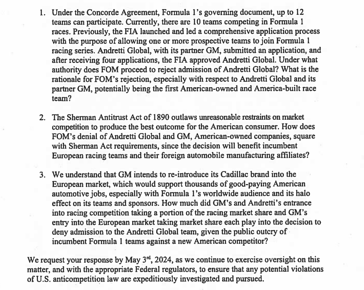 wearetherace's tweet photo. ❗️ 12 members of the United States Congress have written to Liberty Media chief Greg Maffei to express their concerns over F1 shunning Andretti and General Motors' bid to join the F1 grid by 2026. 

They've listed three questions they want answered by May 3 ⤵️ https://t.co/EKglzTao2a