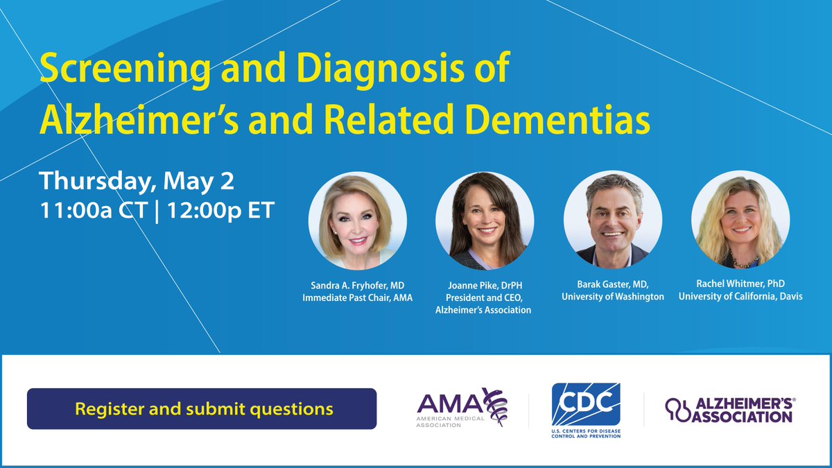Alzheimer’s affects 7M+ people aged ≥65 in the US. Without intervention, this could double by 2060. Join AMA’s Past Chair, @joannepikedrph CEO of @alzassociation and experts to understand best practices for #dementia screening & diagnosis. amaedhub.org/3UoAEgA