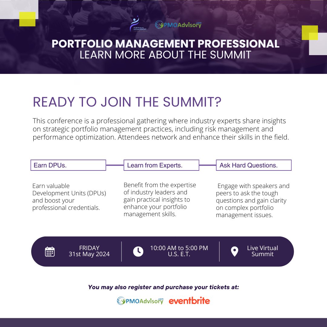 Join us at the Portfolio Management Summit 20! Gain insights from industry experts, network with professionals, and elevate your portfolio management skills. 

Don't miss out, register now: pmoadvisory.com/events/portfol…  

#PortfolioManagement #Summit2024 #ProfessionalDevelopment