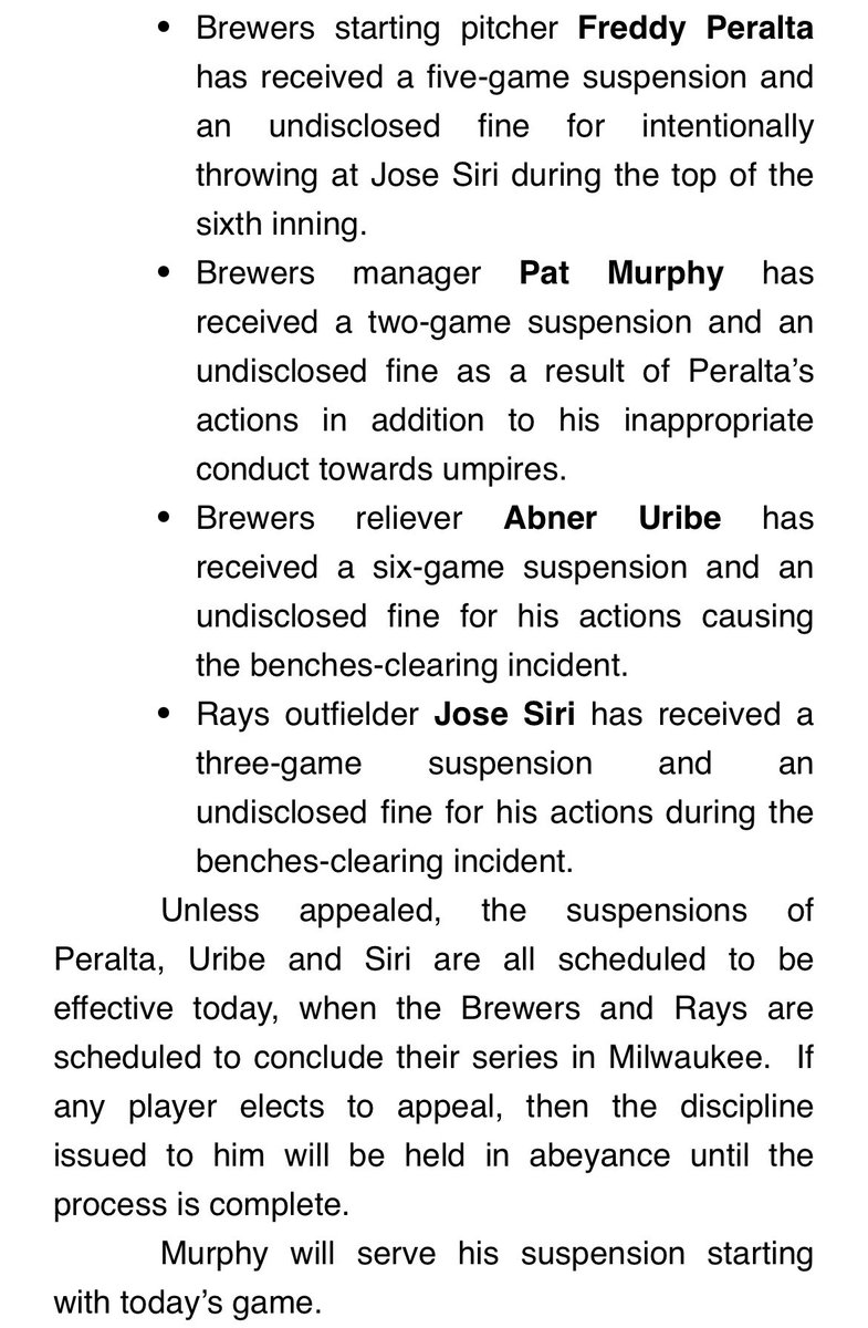 MLB has announced suspensions from the Brewers-Rays bench-clearing incident: