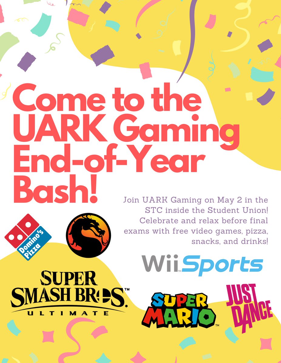 UARKGaming's tweet photo. Join us tomorrow at 6 in the Student Tech Center to celebrate the night before Reading Day! Video Games, Pizza, Red Bull, Insomnia Cookies, and a Wii Bowling tournament! We hope to see all of y'all there! https://t.co/uOV9qkhvH8