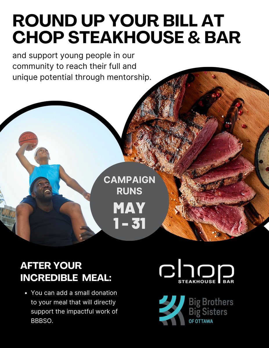 This May join @BBBSO & @ChopSteakhouse in supporting over 700 matches in our community! When you dine at CHOP, simply top up your bill to contribute to our impactful work. Learn more about IGNITE: bbbso.ca/ways-to-give/i… To reserve a table at CHOP: chop.ca/locations/otta…