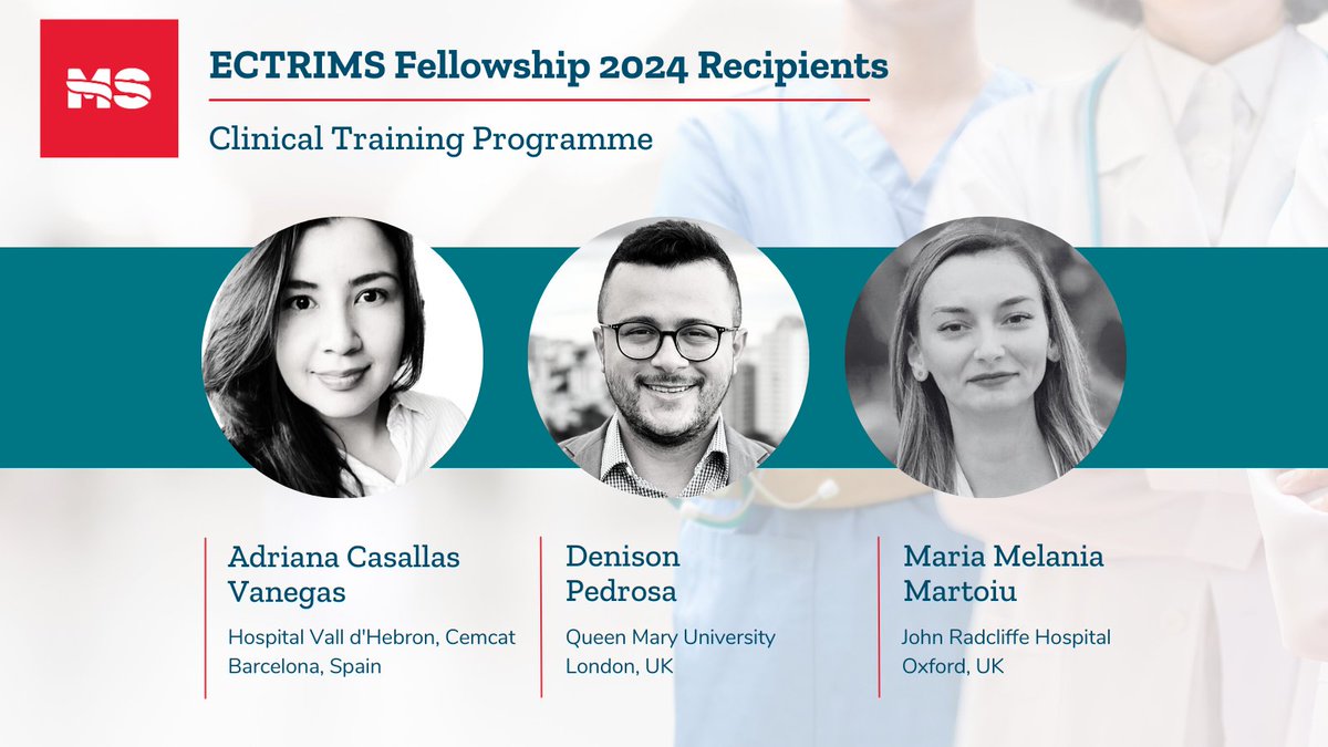 Congratulations to our 2024 Clinical Training Fellowship winners Dr Adriana Casallas Vanegas (@acv_adri),  Dr Denison Pedrosa, & Dr Maria Melania Martoiu! Read about their innovative proposals here 👉 bit.ly/4479nUl

#ECTRIMSFellowships #ClinicalTraining #MS #MSResearch