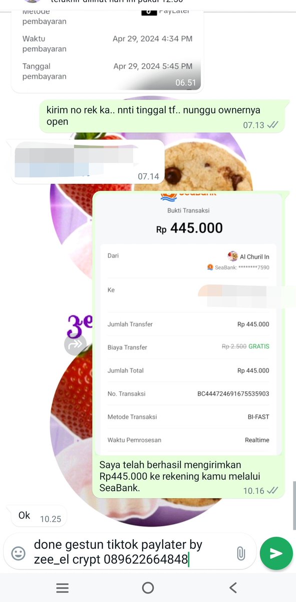 testi APRIL 2024
Done gestun Tiktok Paylater fee 11% cair h+3 (tergantung alamat customer) 
#zeeeltesti