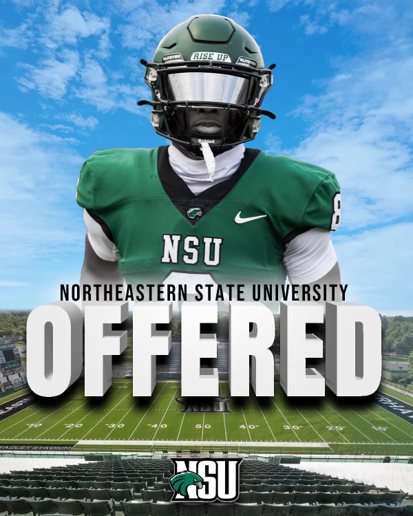 #AGTG After a great conversation with @CoachChev6 I’m blessed to receive an offer from Northeastern State University 💚🖤 @Recruit_SF_FTBL @CoachGeorge5 @QBimpact