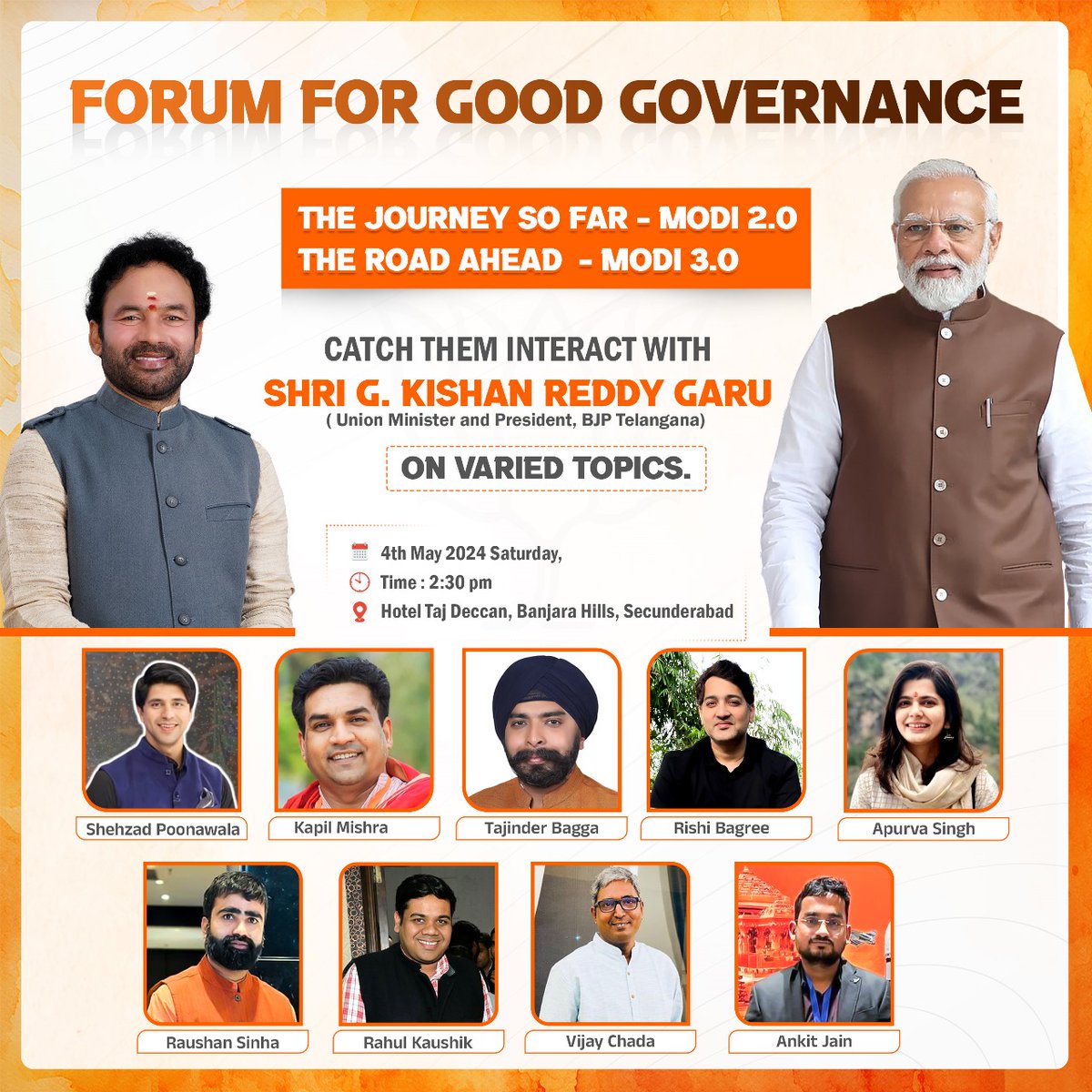 Join influencers with expertise and domain knowledge engaging with, @BJP4Telangana President, Shri @kishanreddybjp garu on diverse topics, from the achievements of Modi 2.0 to the vision for Modi 3.0. 🗓️ 4th May 2024. 🕝 2: 30 PM 📍 Hotel Taj Deccan, Banjara Hills, Secunderabad.…