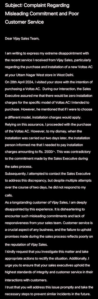 @VijaySales @vijaysales6509 @myvoltas 

Please close this matter as soon as possible. I trusted to Vijay Sales But 
Unfortunately I'm upset about this time service for misleading the commitment.

Thank you for your attention to this matter.