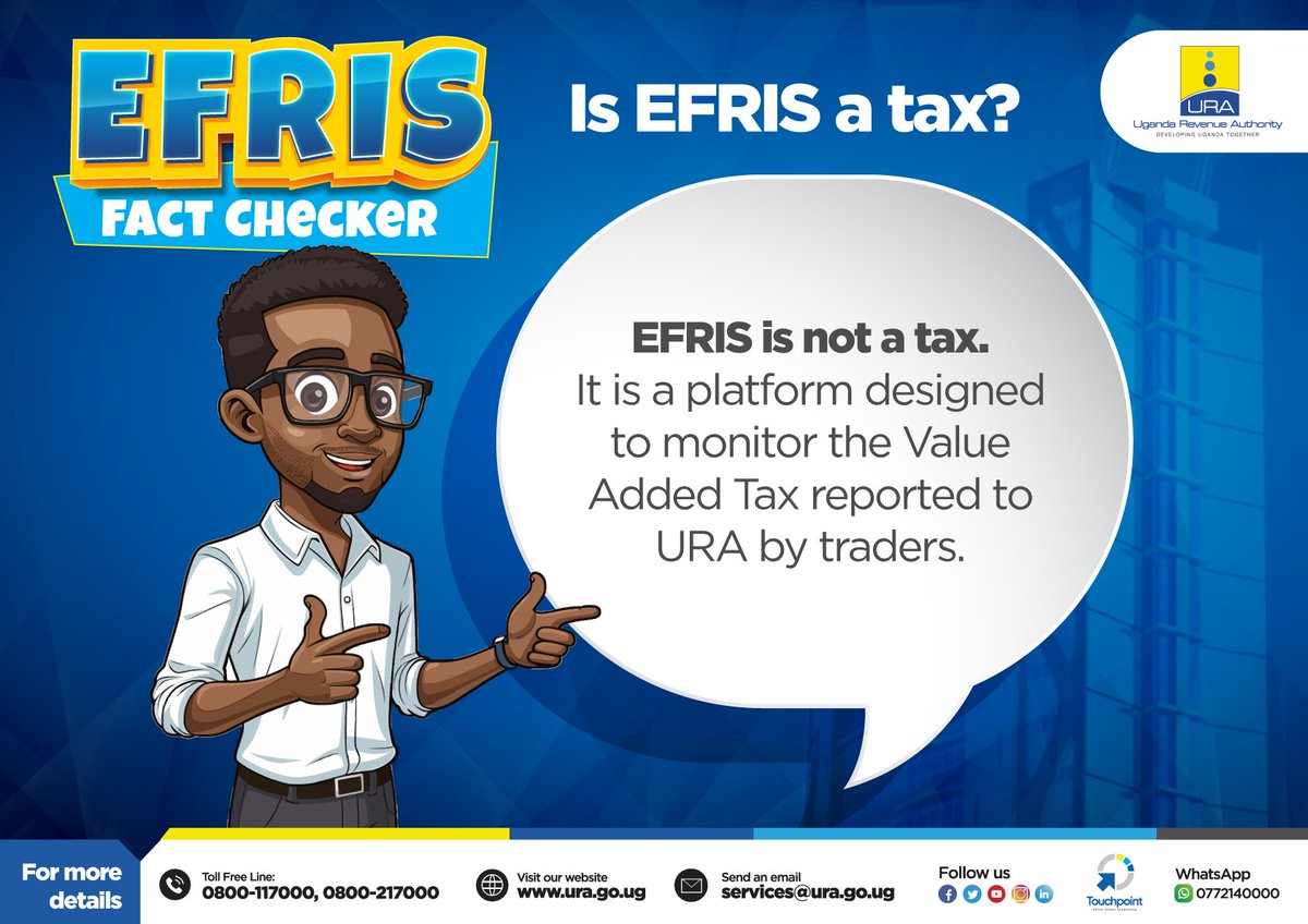 Dear Muwanga Vanic @VanicMuwanga The Electronic Fiscal Receipting and Invoicing System (EFRIS) was instituted under Section 73A of the Tax Procedures Code Act (2014) and became effective on July 1st, 2018. However, its implementation was fully realized in January 2021 due to…