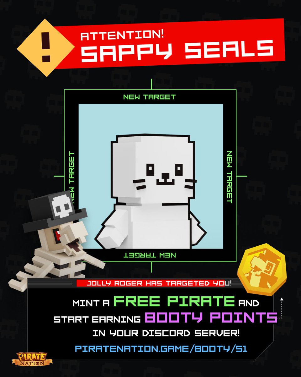 Welcome @SappySealsNFT to the Jolly Roger 🏴‍☠️ For the next 48 hours, anyone holding a Sappy Seal can mint a free Pirate, join the game, and start earning BOOTY Points. The Sappy Seals Discord server is now also open to BOOTY social Piracy!