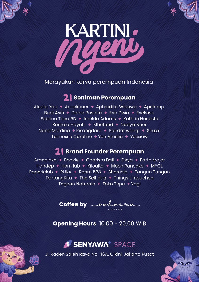 “Kartini Nyeni”

Pameran yang diikuti 21 seniman perempuan Indonesia dengan beragam karyanya masih bisa kalian nikmati di 📍Senyawa+ Space

Ditunggu kedatangannya ✨🫶🏼