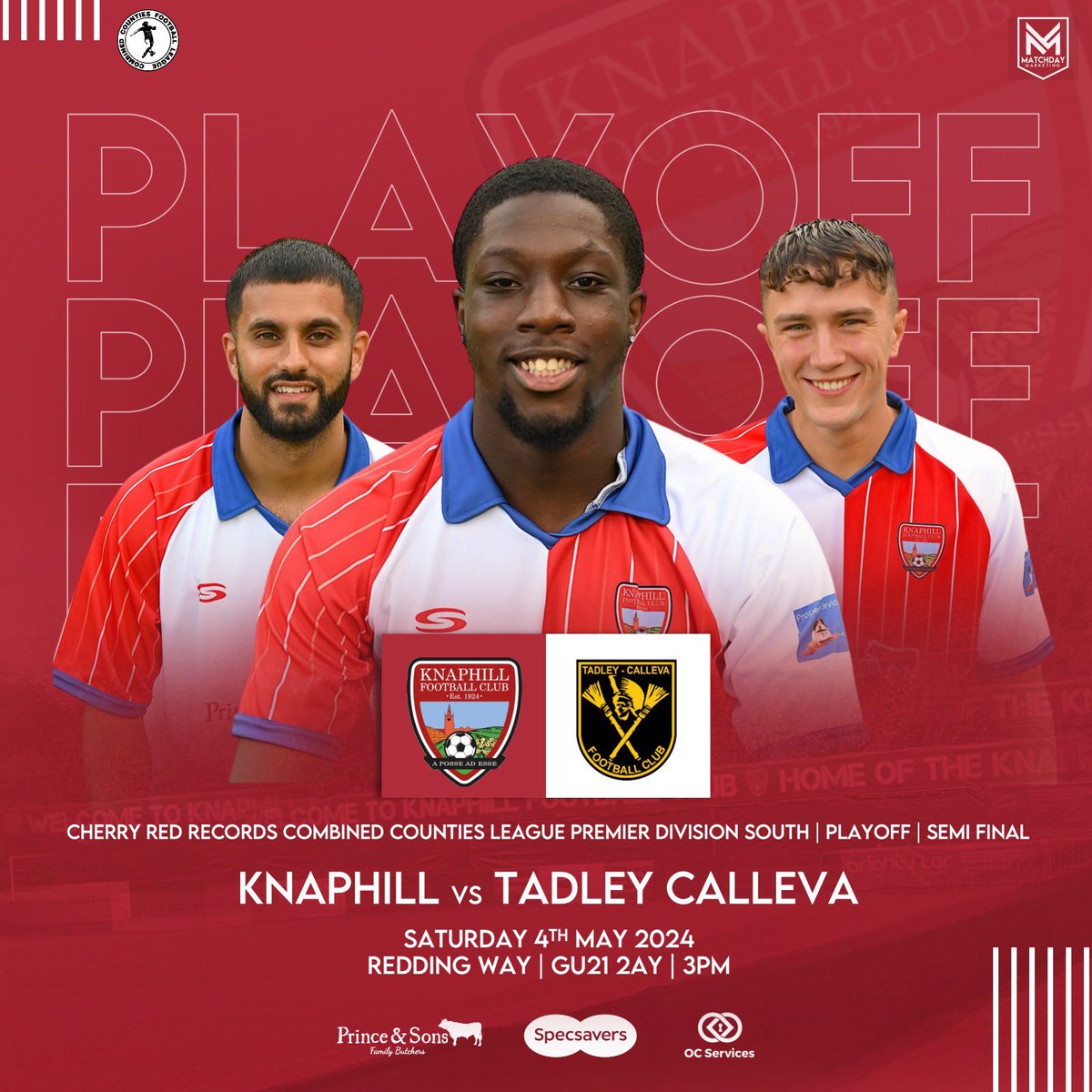 For the first time in our 100 year history, we have a chance for promotion to the @IsthmianLeague. It starts on Saturday… ⬇️ 🗓️ Saturday, 4 May 2024. 🆚 @tadleycallevafc. 🕒 3:00PM Kick-Off. 🏆 @ComCoFL Promotion Play-Off Semi-Final. 📍 Redding Way, Knaphill, GU21 2AY. 🎟️…