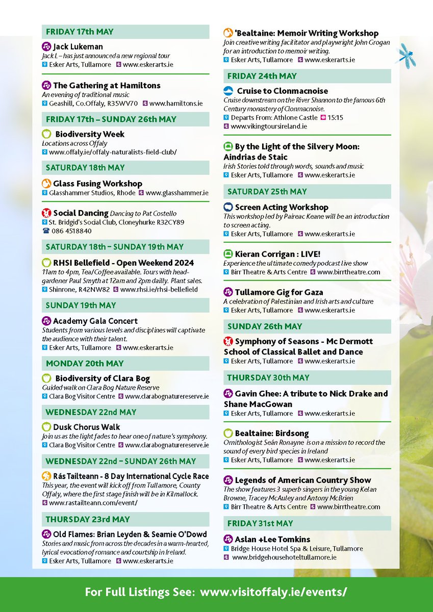 Happy May Day! 🌹🌺🌼
Take a look at just SOME of the fantastic festivals and events taking place this month in our #VisitOffaly events guide!
Find lots of info at visitoffaly.ie/events/
#Offaly #SpaceToExplore #IrelandsHiddenHeartlands