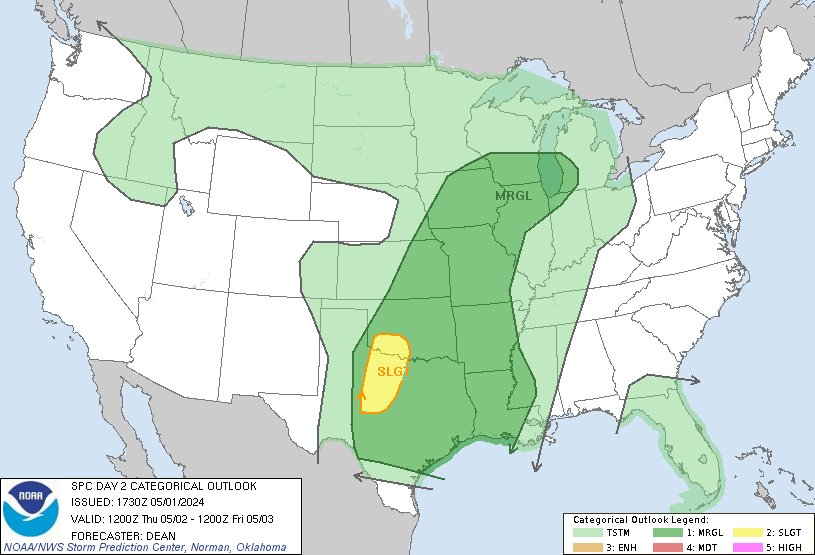 12:32pm CDT #SPC Day2 Outlook Slight Risk: from southwest OK into northwest TX spc.noaa.gov/products/outlo…