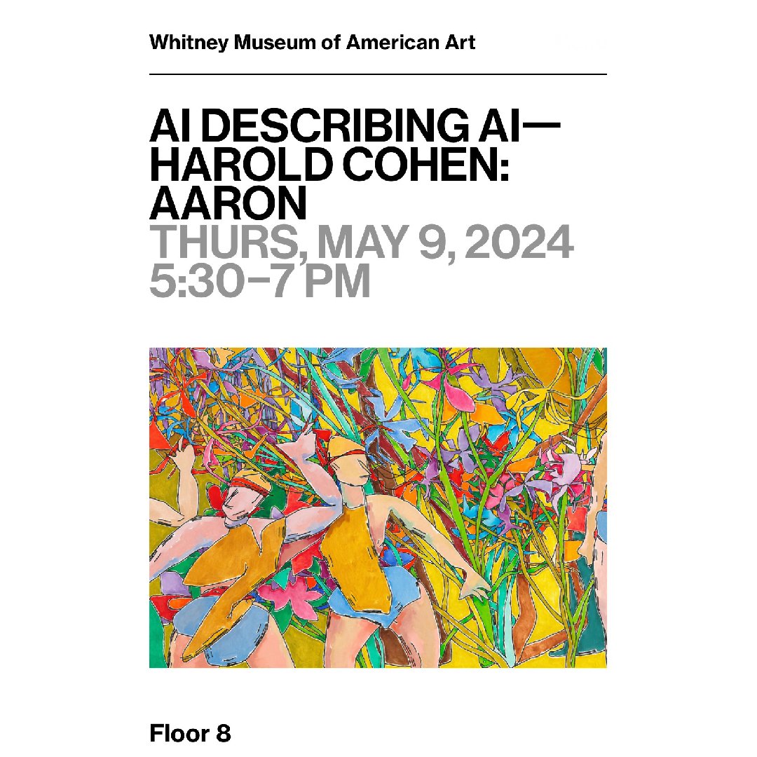 I’m so excited to be involved in this experimental verbal description tour with the help of #BeMyAI - @whitneymuseum next Thursday--May 9! AI DESCRIBING AI—HAROLD COHEN: AARON: whitney.org/events/harold-…