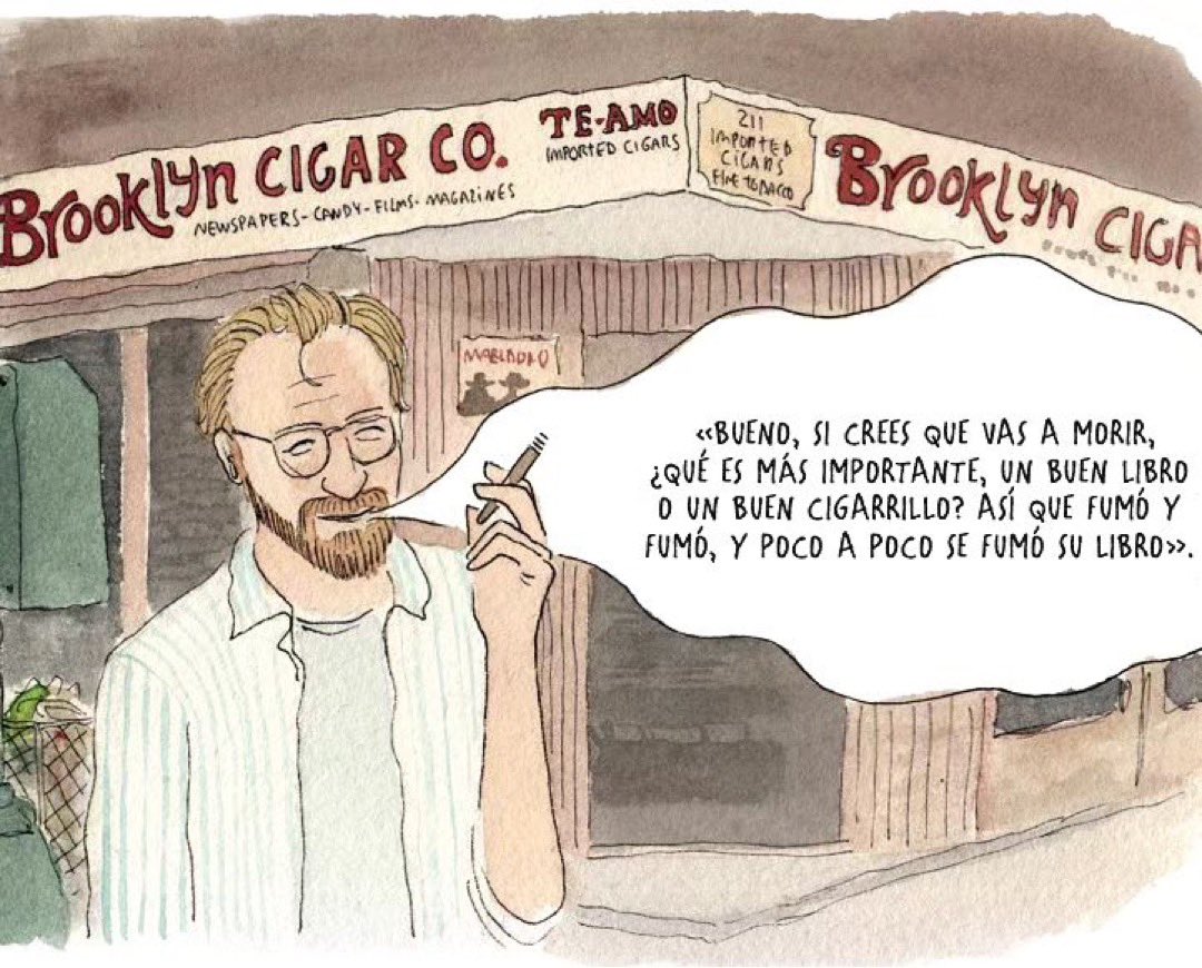 En «El Infinito en un junco» hay varios homenajes a Paul Auster. Uno de ellos es una página entera dedicada a su película “Smoke”. Tal vez Paul y William se han encontrado y están contandose historias mientras fuman. #TytoAlba #paulauster #smoke #williamhurt #waynewang