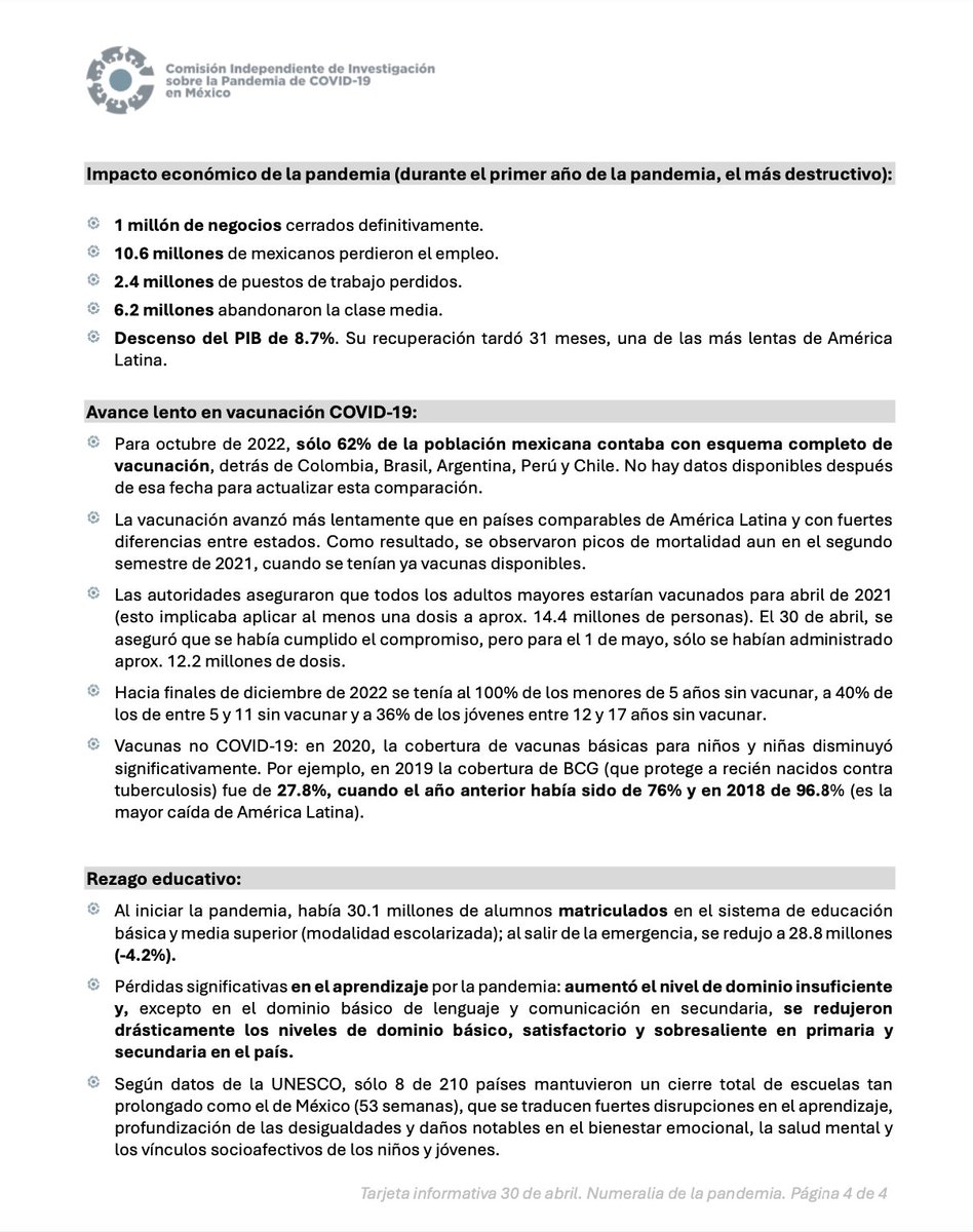 Como parte de la presentación de nuestro Informe sobre la pandemia por Covid-19 en México, compartimos esta numeralia. El informe completo está disponible en: comisioncovid.mx/documents/Info…