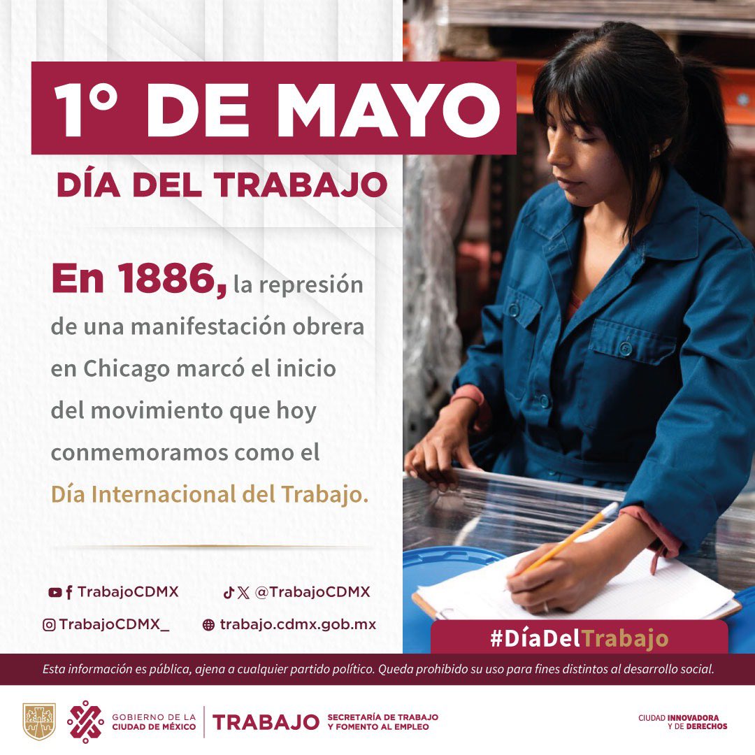 En 1886, la represión de una manifestación obrera en Chicago marcó el inicio del movimiento que hoy conmemoramos como el #DíaDelTrabajo 💪🏽🌆🛠️ #TrabajoEnLaCiudad @TrabajoCDMX