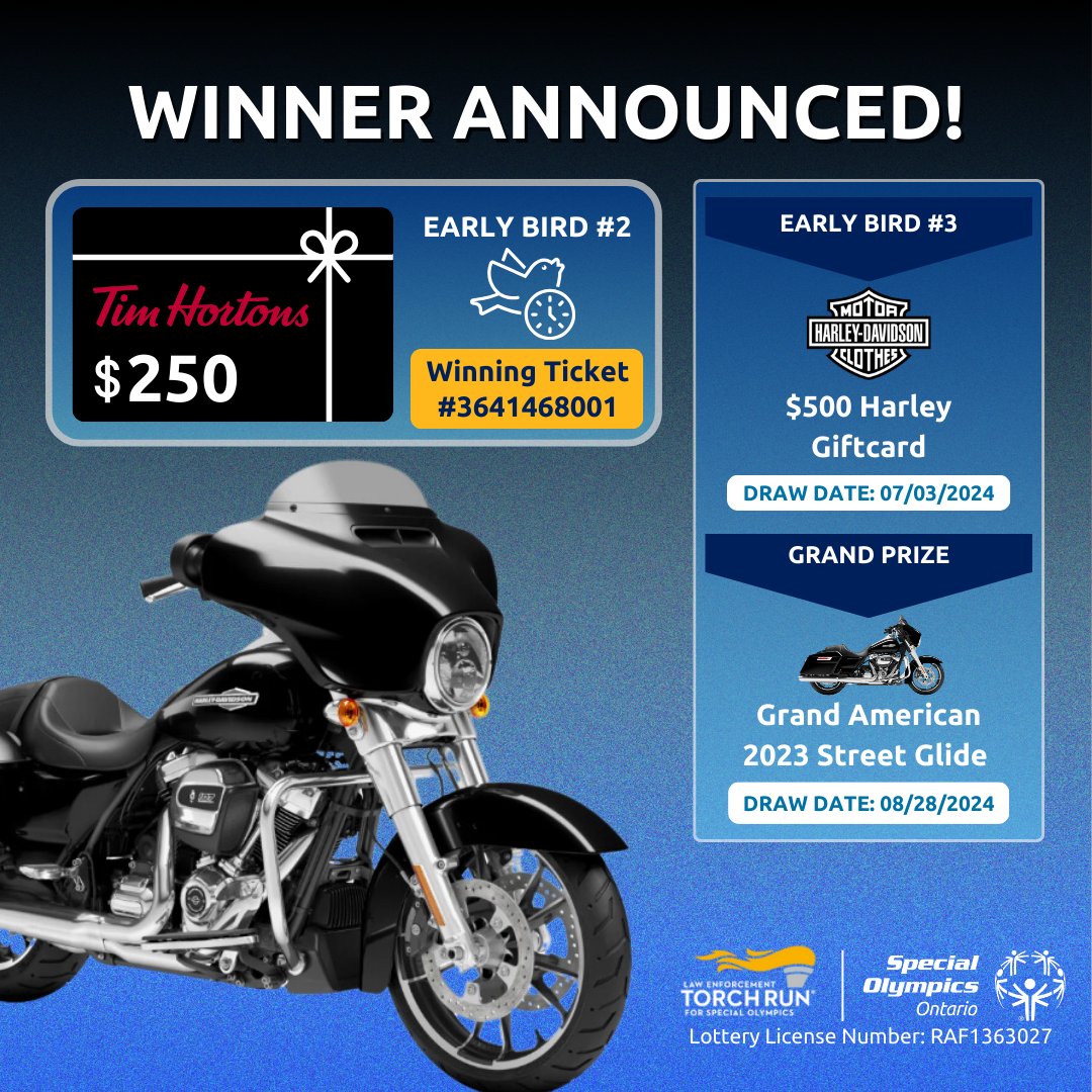 We have our second early bird winner! If you purchased a ticket at the Motorcycle Supershow at the International Centre in Toronto on January 7th, you could have the winning ticket! Check your ticket for number 3641468001 and if you have it, contact us at letr@torchrunontario.com
