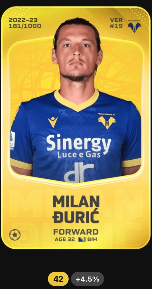 @Sorare giveaway part 3. 
Milan Đurić, not a greatest scorer of all time, but can add some value and not just be +1 for gallery.  
Rules are the same: 
✅ like, RT & comment your Sorare username  
✅ deadline: around 10pm on sunday night  

#Sorare #soraregiveaway $SKR $BEYOND