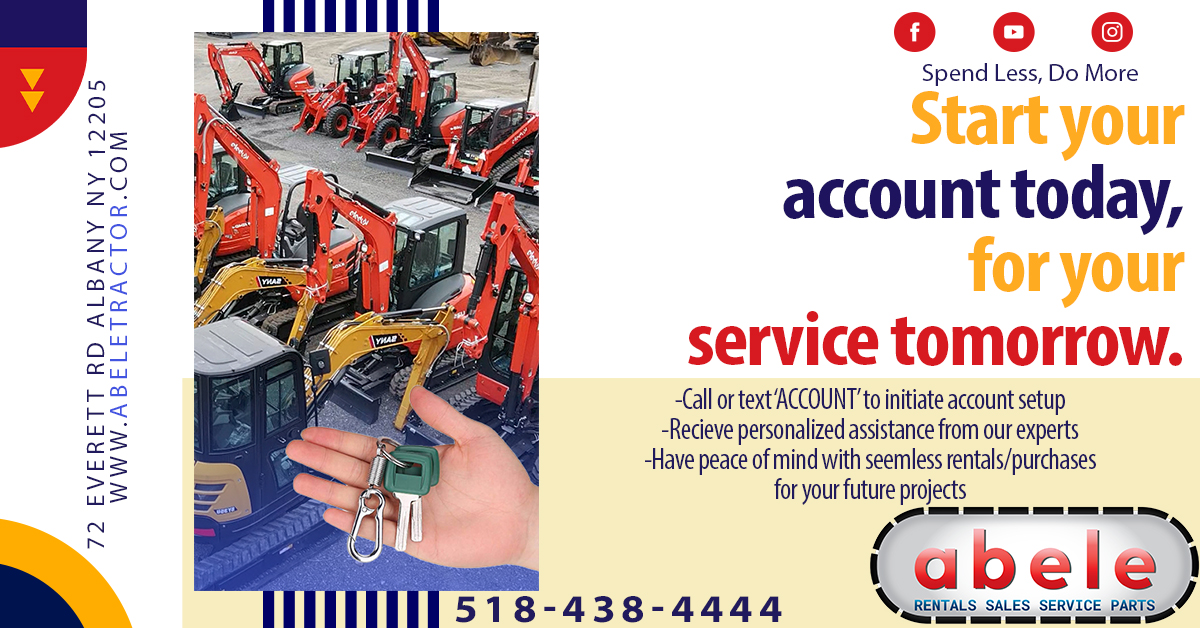 Streamline your next project with us! Set up your Abele Tractor account today for seamless service tomorrow. Spend less time waiting & more time doing. Call/Text ‘ACCOUNT’ to 518-438-4444. #EfficiencyMeetsExcellence #AbeleTractor