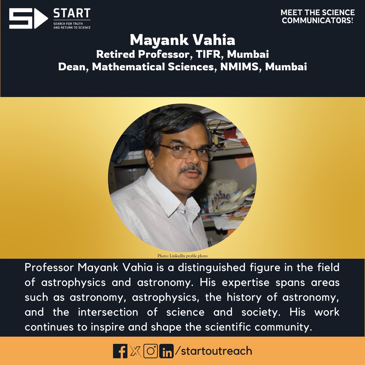 Professor Mayank Vahia, a true titan in #astrophysics and #astronomy. Completed #PhD from the esteemed #UniversityofMumbai.

1/4

#ScienceCommunication #ScienceAndSociety #Tech #Facts #Scicomm #IndiaScience #KnowledgeIsPower #IndiaScience