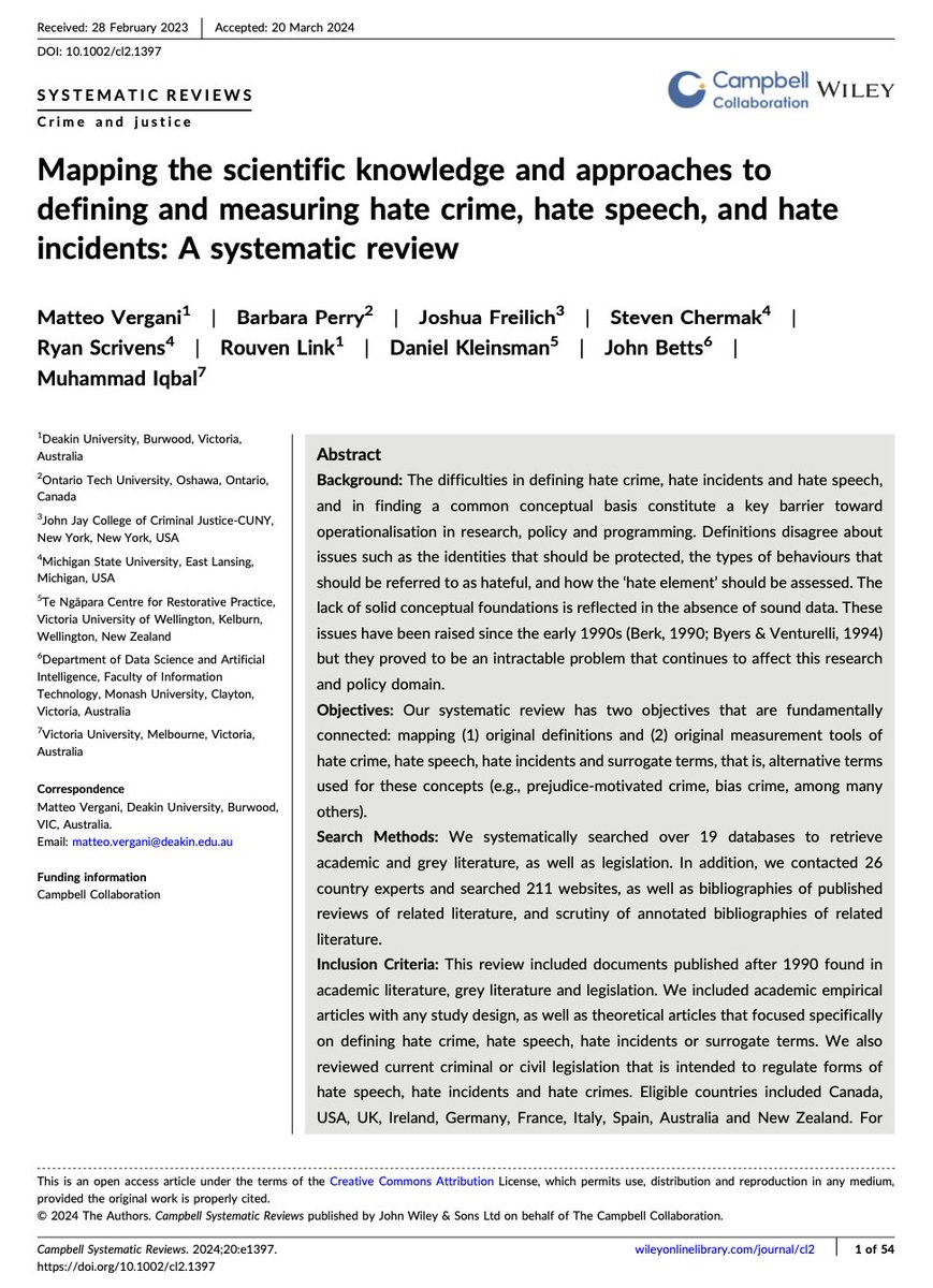 It has been a few years in the making, but it's finally out: We mapped the scientific knowledge and approaches to defining and measuring hate crime, hate speech, and hate incidents. It's available, open access, in @CampbellReviews: onlinelibrary.wiley.com/doi/epdf/10.10…