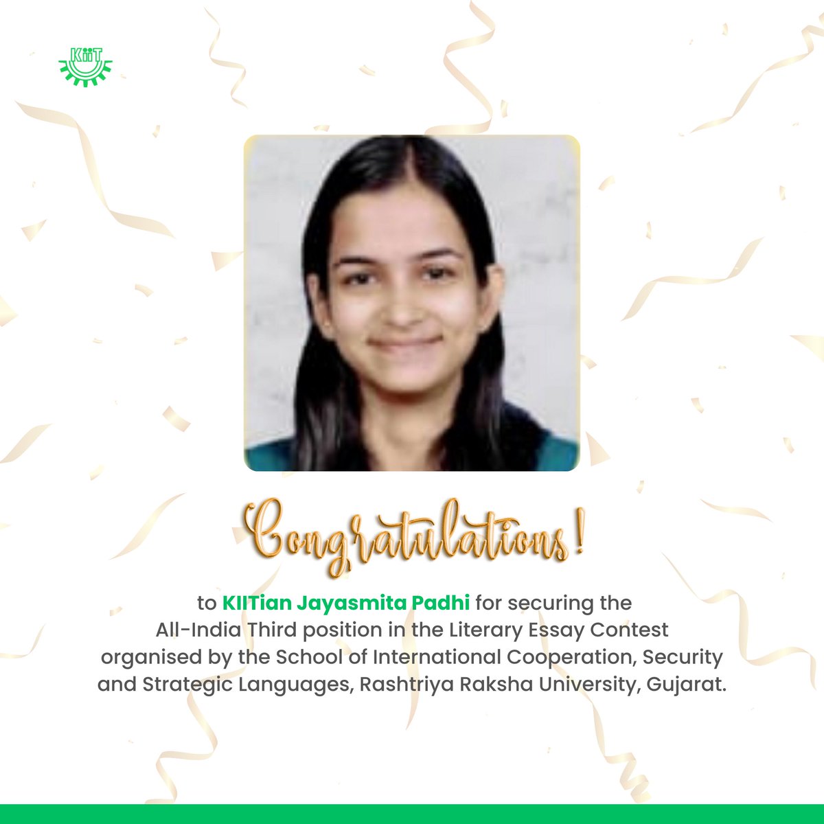 #KIITian Jayasmita Padhi, a B.A. English student at School of Language & Literature secured third place nationally in the “Revisiting Literary Heights” online essay contest hosted by Rashtriya Raksha University, Gujarat. 

Her essay, “A Journey Across Literary Legacies and Modern…
