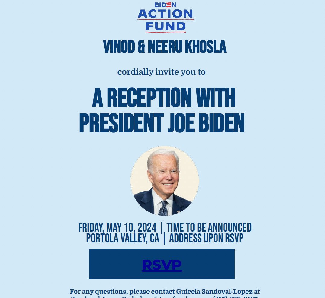 Scoop — 💰💰💰 Joe Biden is returning to Silicon Valley next month to raise money. The host of this upcoming fundraiser: @vkhosla. May 10 in Portola Valley.