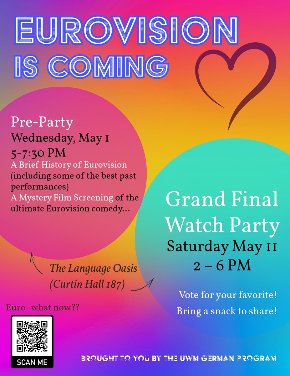 Get ready for Eurovision! 🎤 Join us: Pre-Party: May 1, 5-7:30 PM Grand Final Watch Party: May 11, 2-6 PM Brought to you by UWM German Program. Scan QR code for details! #Eurovision #UWMGermanProgram 🎶🇩🇪