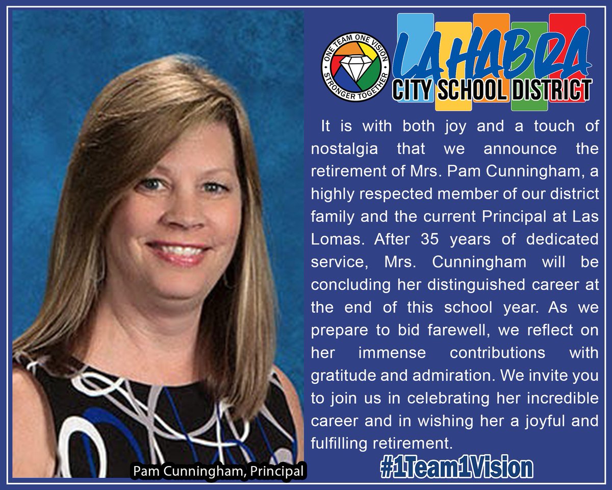 Join us in celebrating @LasLomasSchool Principal, Pam Cunningham’s, retirement after 35 years of dedicated service at #LHCSD. We thank her for her immense contributions and wish her a joyful retirement. Join us in honoring her remarkable career! bit.ly/3QvJF6f