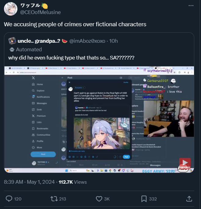 Welp boys! We've peaked, we've officially become so far gone that we're now accusing people of Sexual Assault over video game/ anime characters🤣🤣 We lost em boys 🫡 Who's gonna tell em that Hentai exist, they'd absolutely lose their mind The only thing thats worse than these
