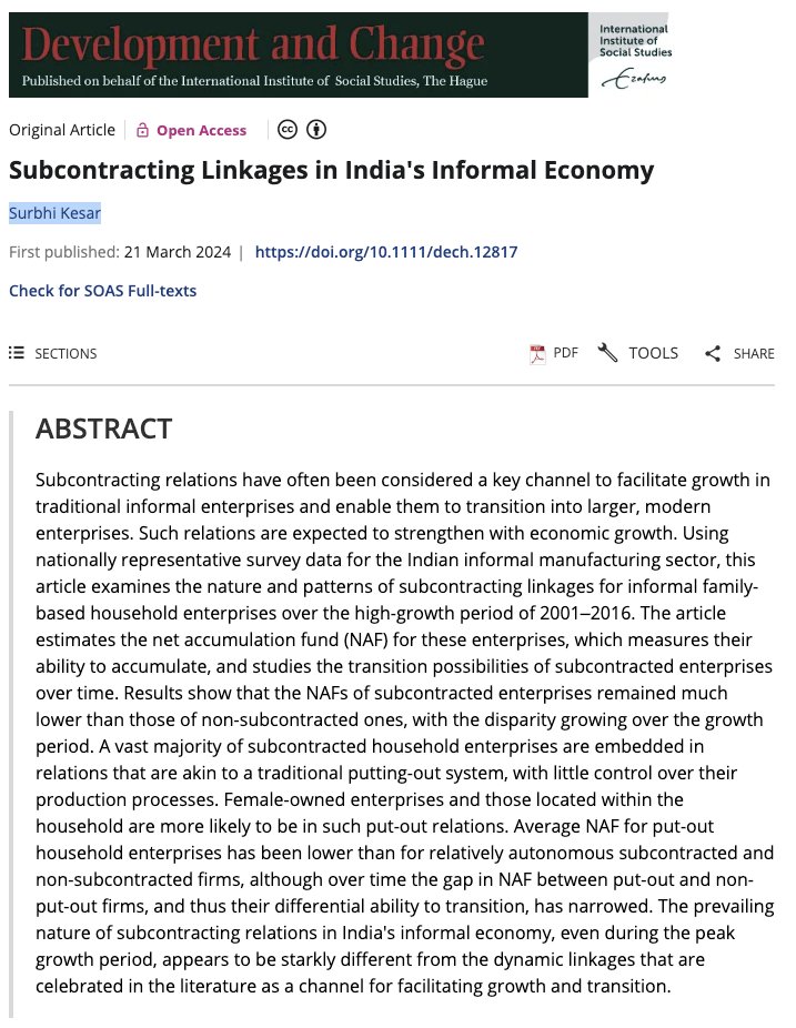 📌 Subcontracting Linkages in India's Informal Economy. Read the new paper of our @SOAS Lecturer Surbhi Kesar @SurbhiKesar ⬇️ onlinelibrary.wiley.com/doi/full/10.11…