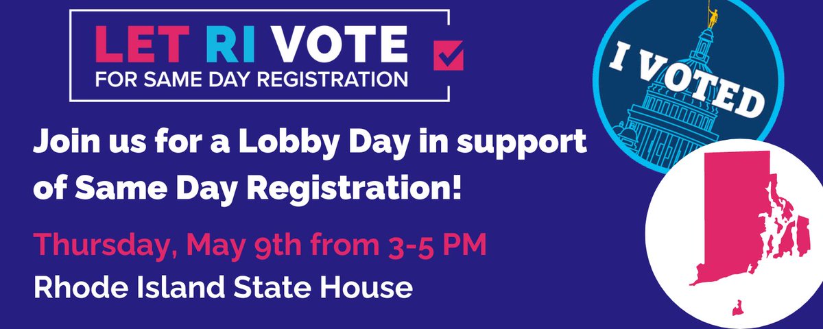 🚨ACTION ALERT: Join voting rights activists at the State House on Thursday, May 9th to engage with members of the General Assembly about allowing Rhode Islanders to eliminate the 30-day voter registration deadline at the ballot box this fall. Sign up now: actionnetwork.org/events/lobby-d…