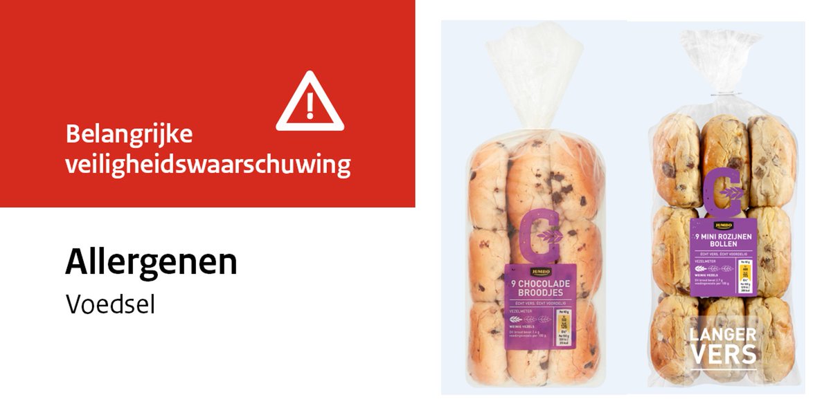 Veiligheidswaarschuwing #soja #voedselallergie: Jumbo Supermarkten waarschuwt voor mini chocoladebollen. Op de verpakking kan het etiket van de mini rozijnenbollen zitten. Hierdoor staat het allergeen soja niet vermeld op het etiket.